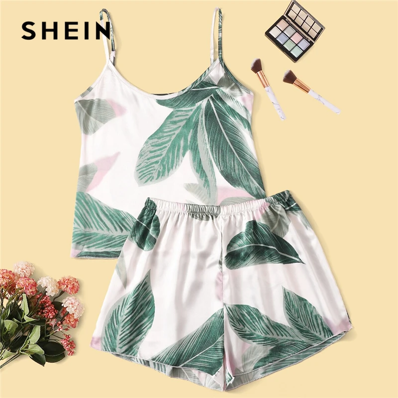 SHEIN многоцветный топ с тропическим принтом и шорты, Атласный пижамный комплект, летняя Пижама, женская сексуальная пижама