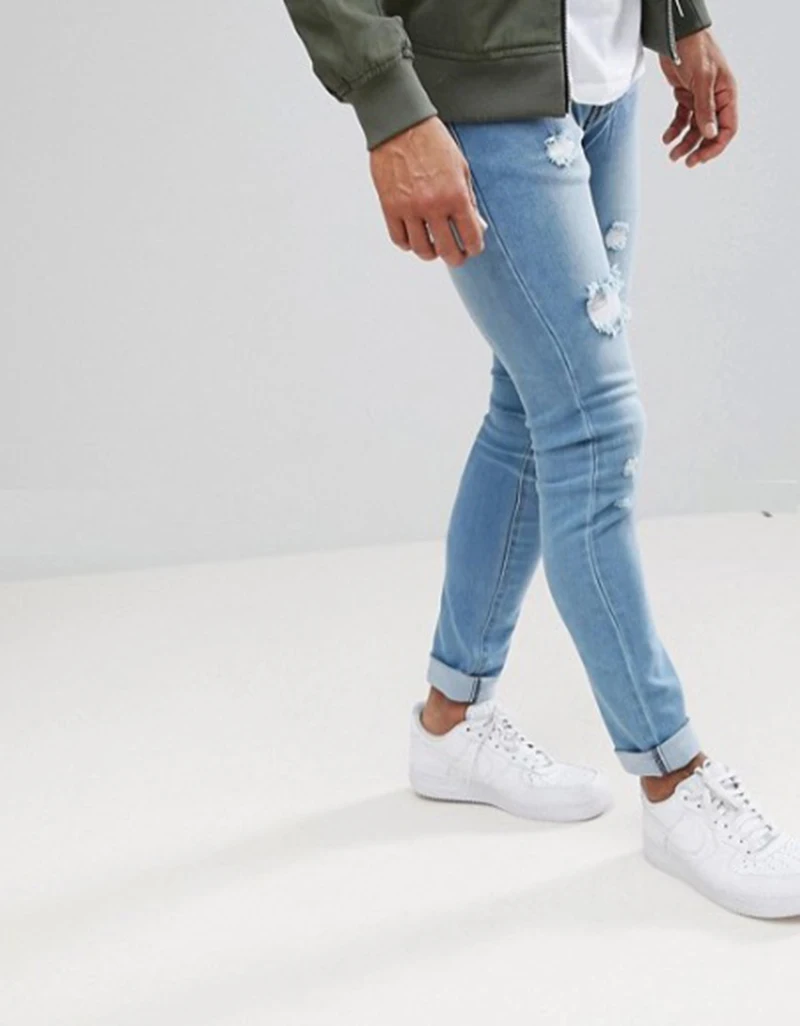 Мужские джинсовые брюки синие джинсы мужские облегающие рваные с дырками модные