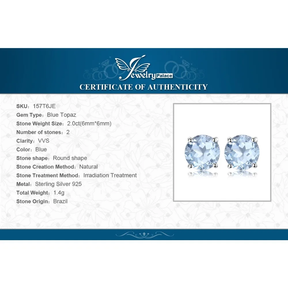 

JewelryPalace 2ct Genuine Blue Topaz Stud Earrings 925 Sterling Silver Earrings For Women Korean Earings Fashion Jewelry 2021