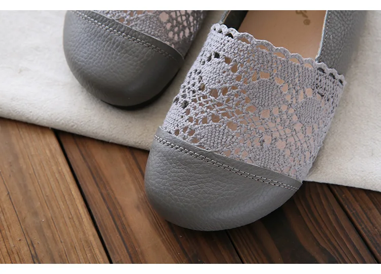 Careaymade-Cowhide and Lace mesh hollow casual shoes, low-top flat-soled round beans summer Grandma's Casual shoes,3 colors