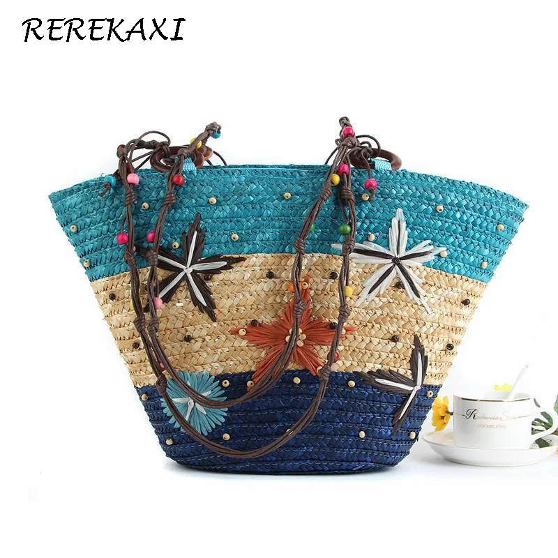 REREKAXI, новая соломенная сумка, модные женские сумки на плечо, большая емкость, пляжная сумка, пшеничный полюс, плетеная Сумочка, морская звезда, женская сумка
