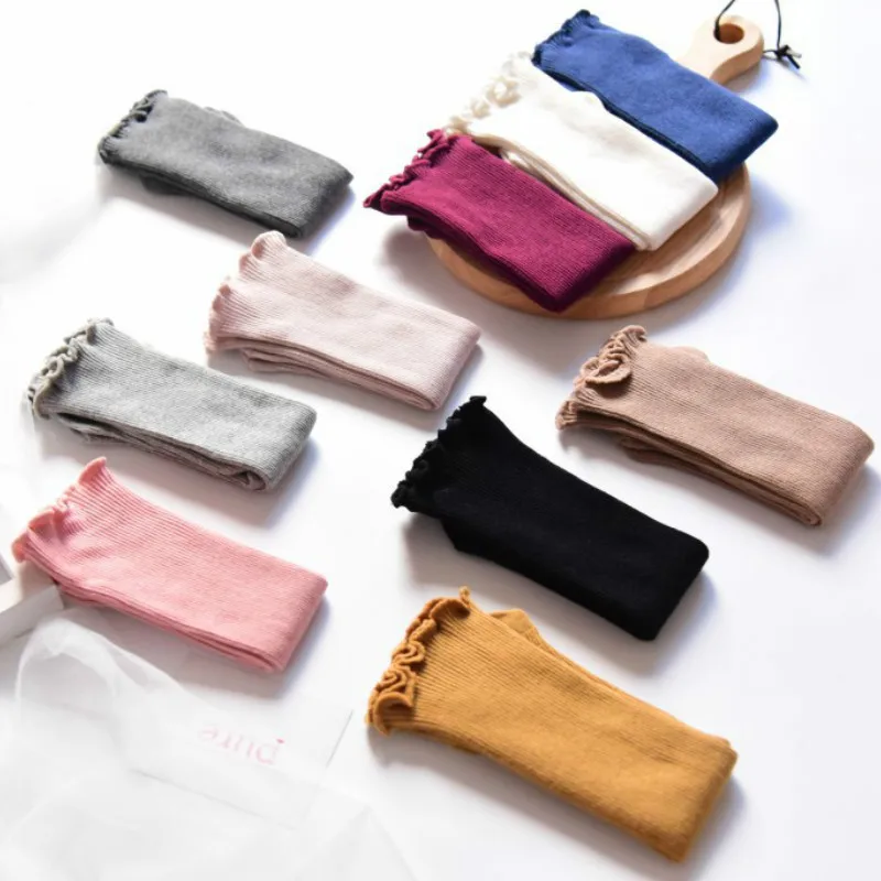 Calcetines de algod&oacute;n a rayas para ni&ntilde;a, medias Retro holgadas de colores puros, de doble aguja, a juego, para invierno y oto&ntilde;o-3