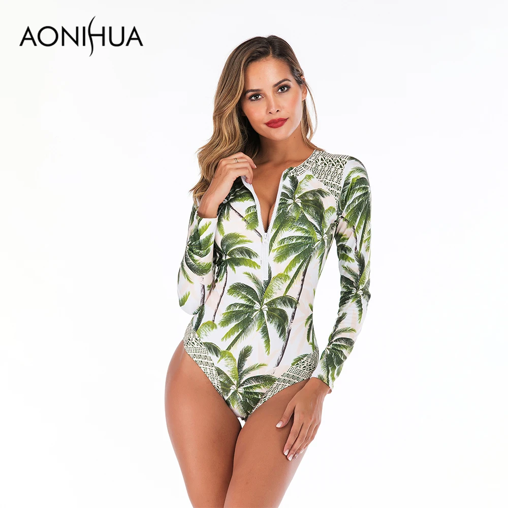 

Aonihua Swimming Suit For Women Palm Pritned One Piece Swimsuit Front Printed Womens Bathing Suits Bodysuit Beach Wear 6637