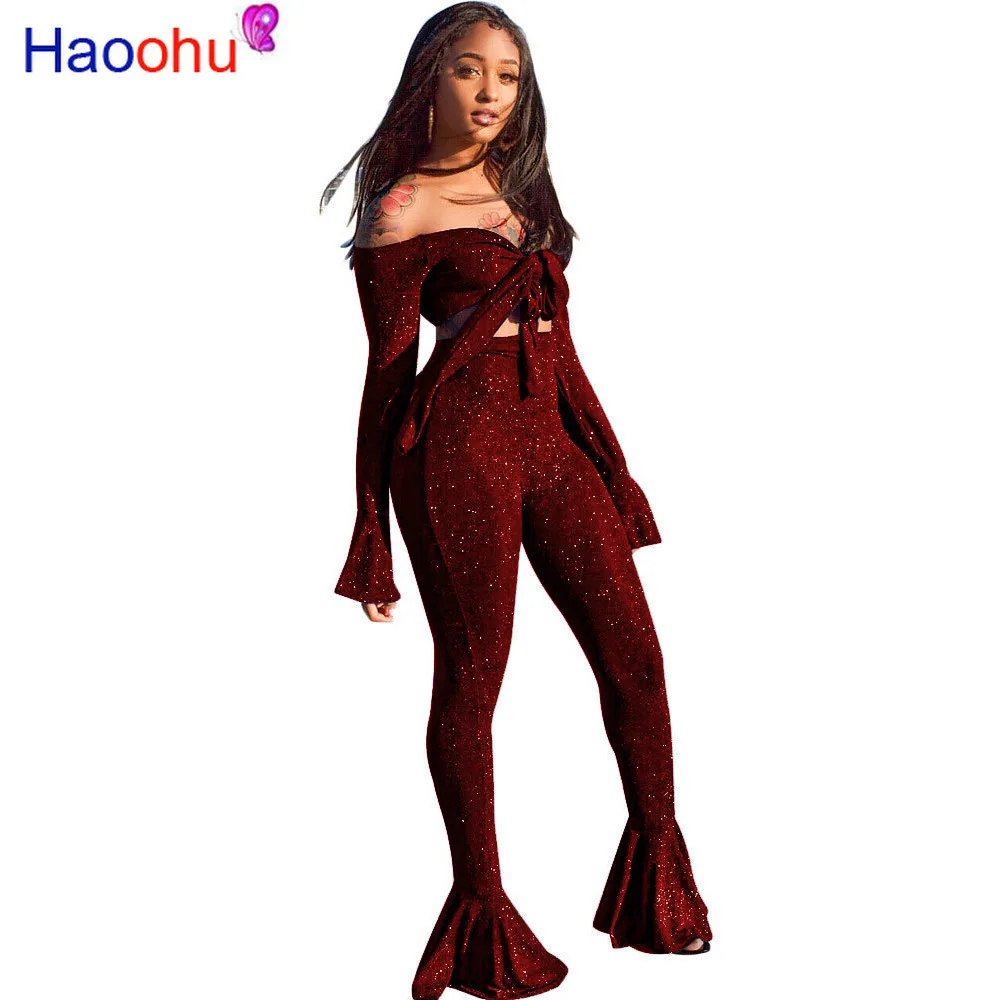 

HAOOHU Silver Silk Elastic Bow Off Shoulder Set Women's Strapless Navel Top And Flare Pants Clubwears Sexy Two-Piece Set