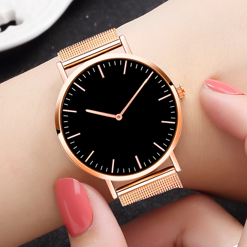 Женские черные часы модные reloj mujer с сетчатым ремешком кварцевые часы из нержавеющей стали relogio feminino повседневные часы под платье