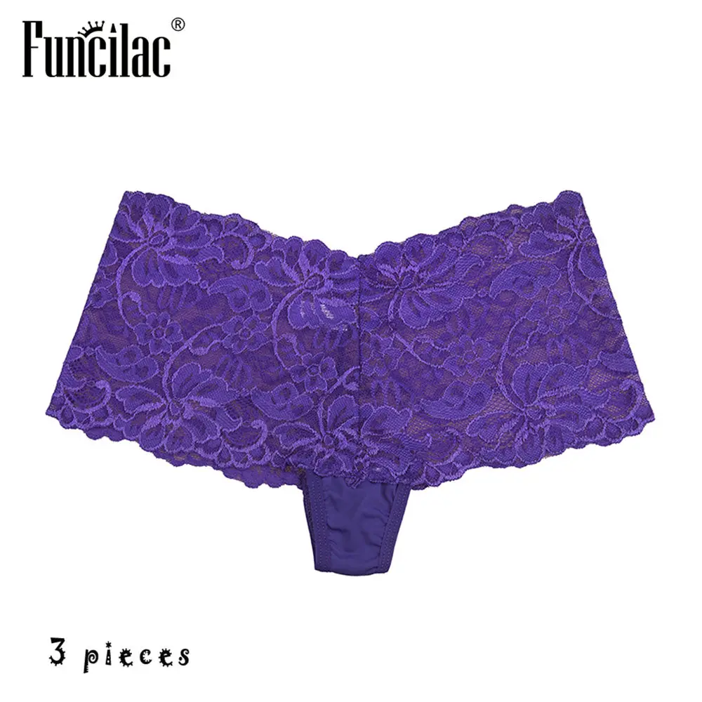Purple-3 pcs Пикантные Для женщин трусики кружевные шорты-боксеры 3 шт./компл. прозрачный шорты для мальчиков; нижнее белье из хлопка розовая kawaii размера плюс нижнее белье с цветочным принтом M-XXL - Цвет: Purple-3 pcs