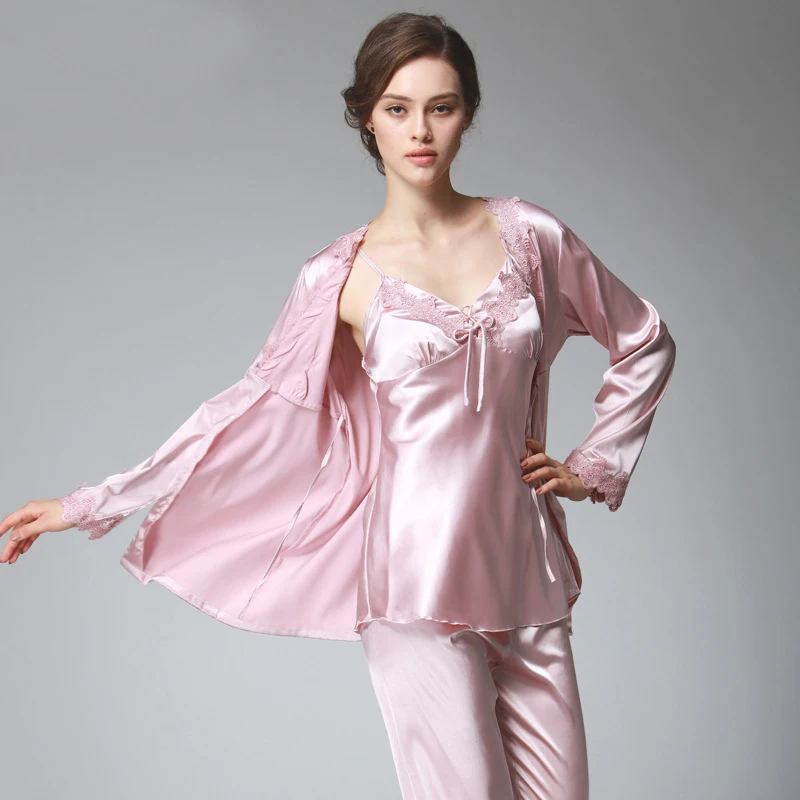 

PS036 Ladies Satin Silk Pyjamas Female Sexy Lace V-neck 3 Pieces Pajama Set Plus Size Full Sleeve Spaghetti Strap Pant Nightwear