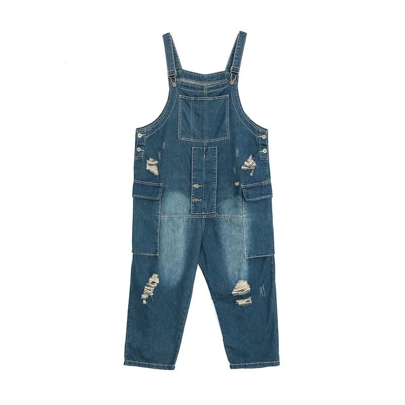 

Europe and the United States 2019 summer new water wash hole denim jumpsuit loose large size personality tide brand trousers