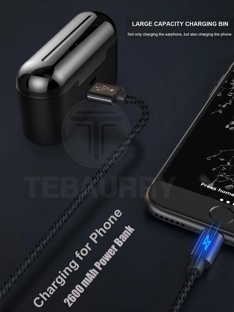 Tws V5.0 Bluetooth наушники, стерео бас, настоящие беспроводные наушники, Спортивные Bluetooth наушники, Мини наушники с 2600 мАч, Дополнительный внешний аккумулятор