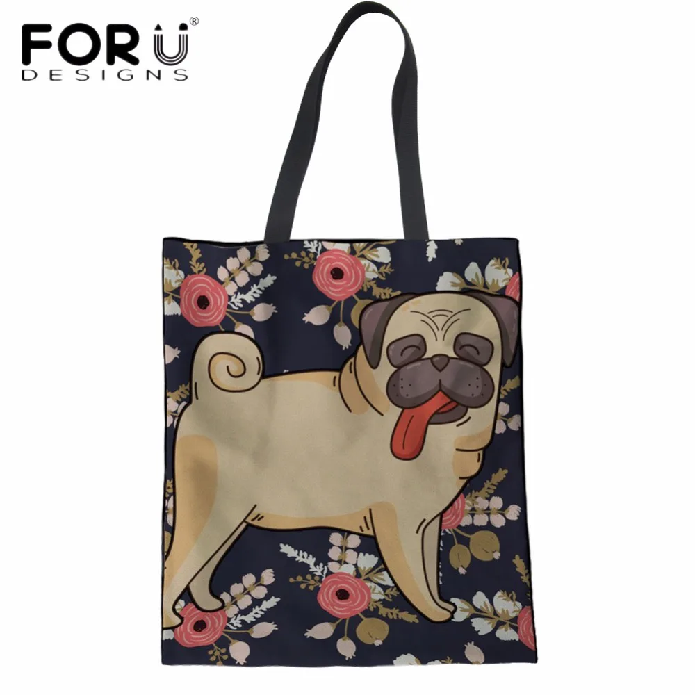 FORUDESIGNS/Милый принт с Мопсом, женские многоразовые сумки для покупок, Женская винтажная Экологичная хозяйственная сумка, сумки Bolsa Feminina