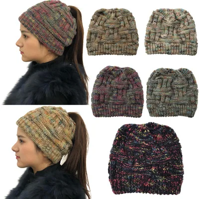 

Dropshipping 2018 Winter Women Hat Ladies Girl Stretch Knit Hat Messy Bun Ponytail Beanie Holey Warm Hats Caps For Women