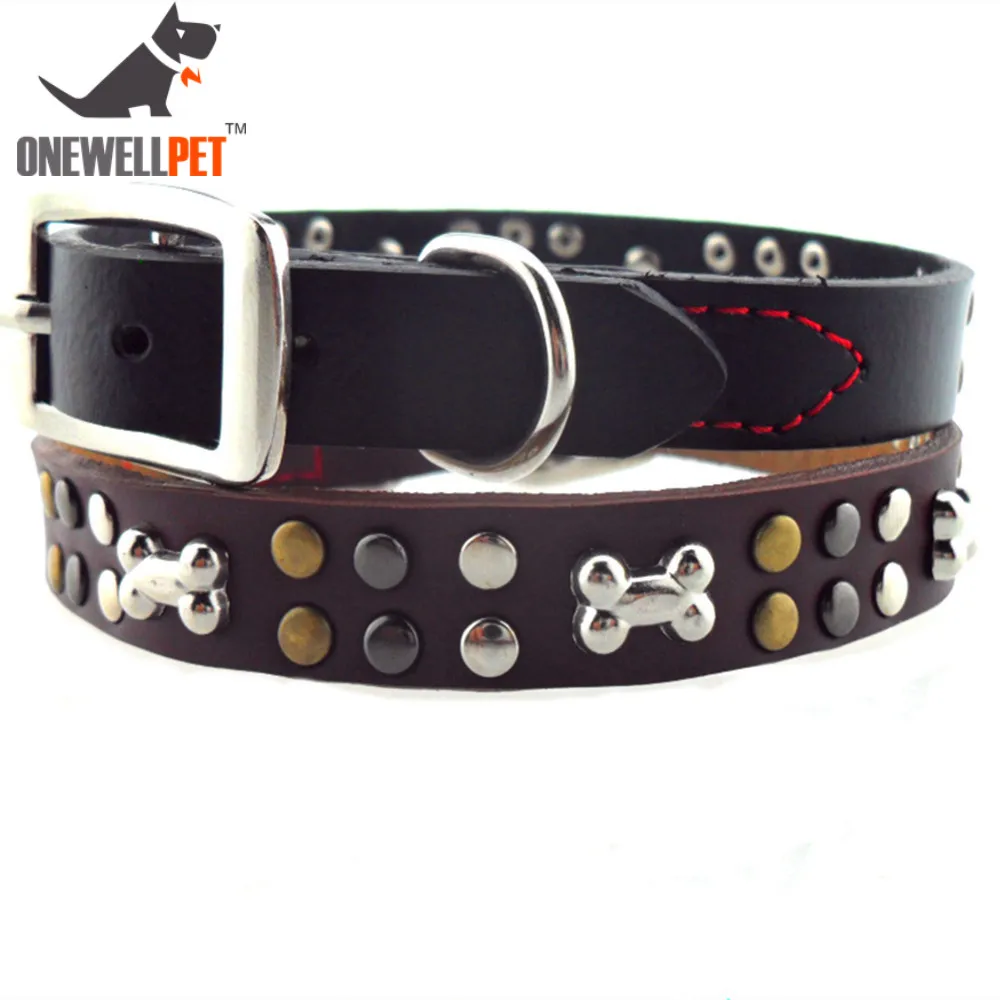 

Onewellpet качественный кожаный воротник с украшением маленьких заклепок и металлической косточкой для чихуахуа и других искусств