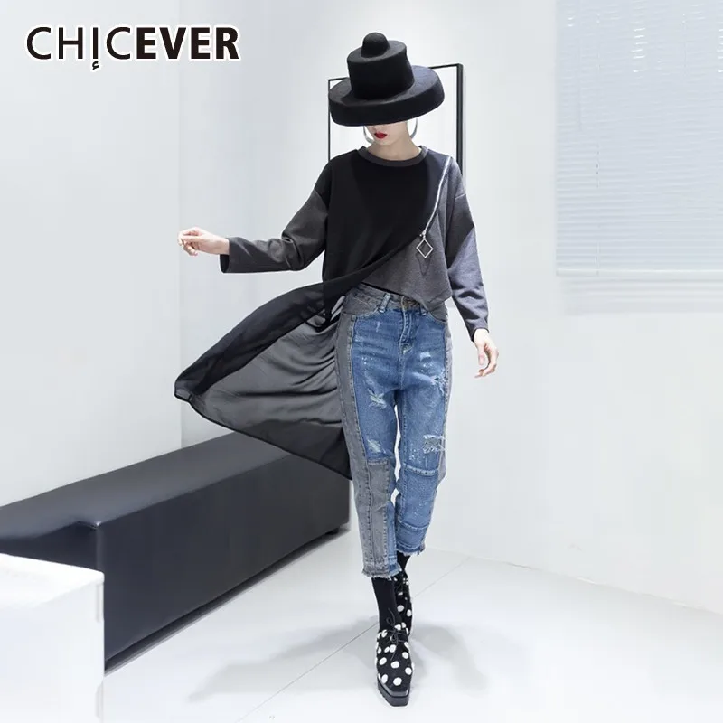 CHICEVER хит цвет сетки Лоскутная одежда для женщин с длинным рукавом О образным