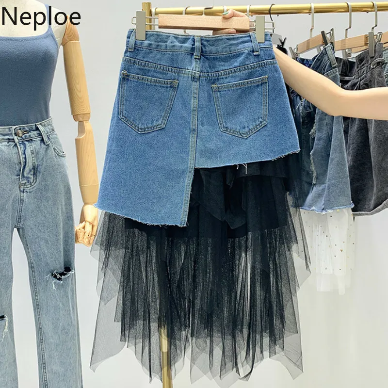 Neploe Irregular Denim Mesh Patchwork Skirts Women Fashion Button Fly Pockets Skirt Waist A-Line Jupe Femme 44101 | Женская одежда