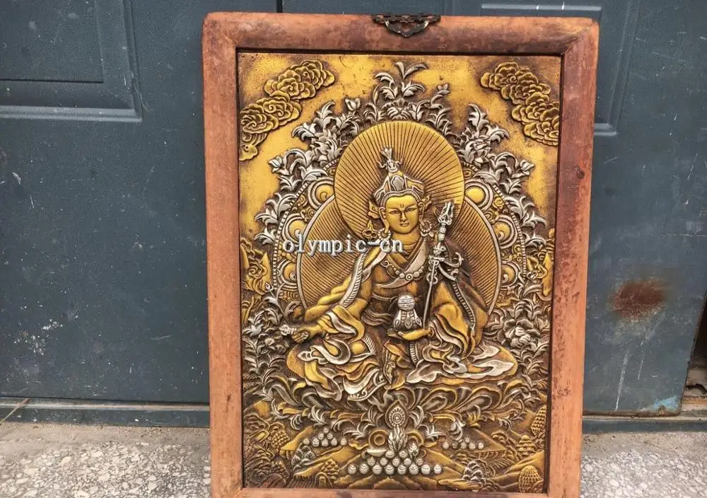 

23'' wood handcraft colored drawing carved Guru padmasambhava tibet Thang-ga