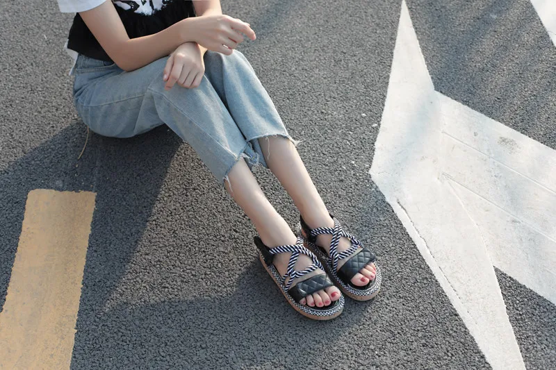summer new women's platform sandals flat Women Shoes Sweet Lace-up Women's Open Toe Sandals Roman Mixed Color Shoes