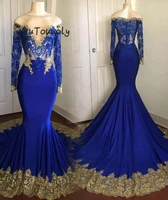 real royal blue mermaid evening dress with gold appliques plus size long sleeves african women wear formal evening gowns 2019
