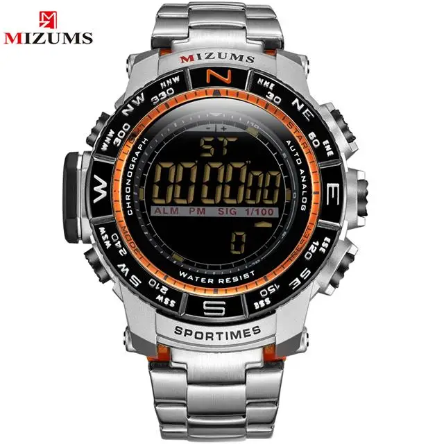 MIZUMS Роскошные Брендовые мужские спортивные часы цифровой светодиодный 30 м водонепроницаемые военные часы мужские модные повседневные электронные наручные часы - Цвет: Silver Orange
