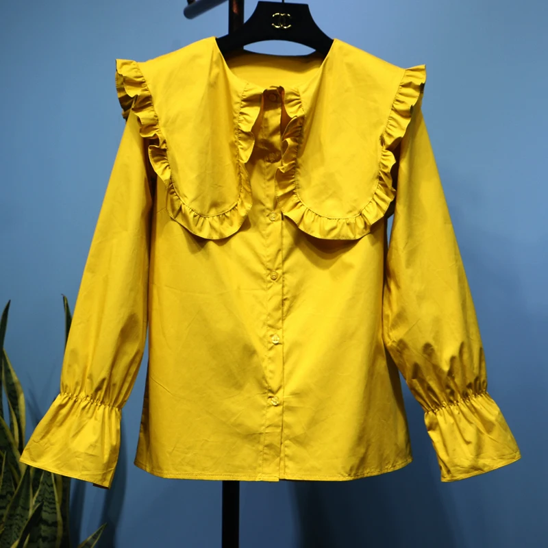 Institute wind/Милая однотонная блузка с оборками и рукавами-бабочками сезон