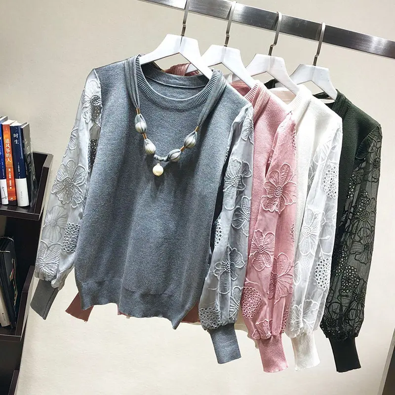 LUOSHA Women Autumn Winter Knitted Embroidery Flower Lace Patchwork Pullovers And Sweater Female Jumper Pull Femme Top | Женская одежда