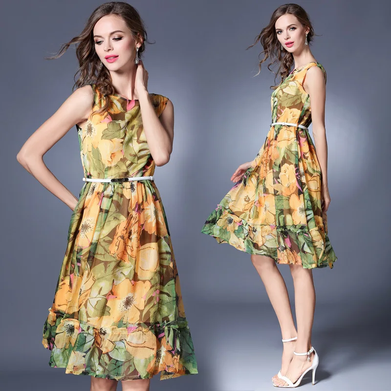 2017 лето женщины dress мода элегантный печати рукавов миди шифоновые платья vestidos |