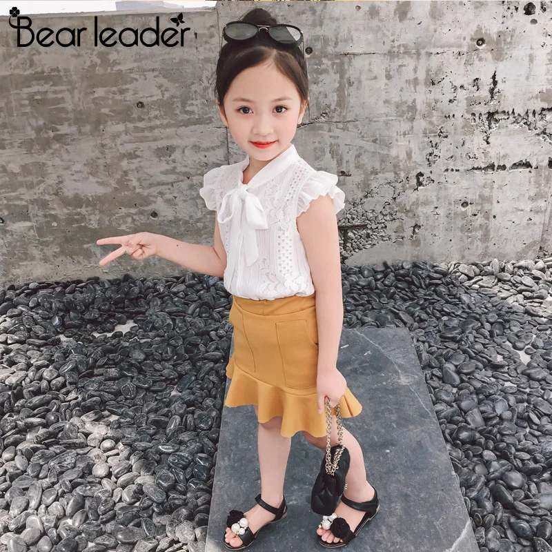 Bear Leader Girls Dress 2021 New Kids Clothing Summer Lace Short-sleeved Top + Lotus Leaf 2pcs suit Children's Clothes Set | Детская