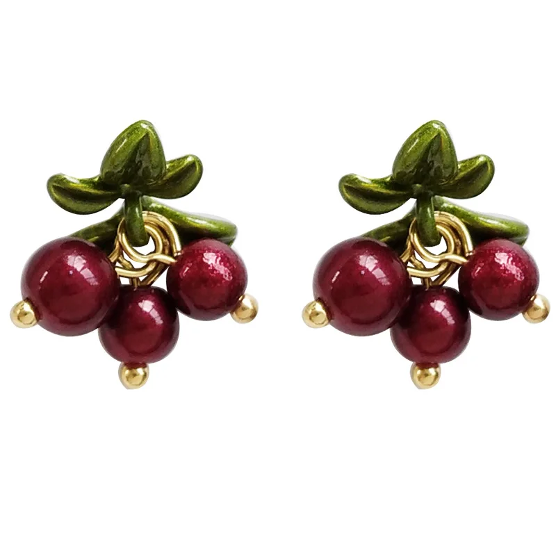 

2019 summery trendy lovely green leaf red cherry beads drop women earrings