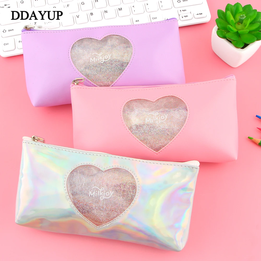 Милый Алмазный любовь сердце школьный пенал конфеты цвета Лазерная Pencilcase для