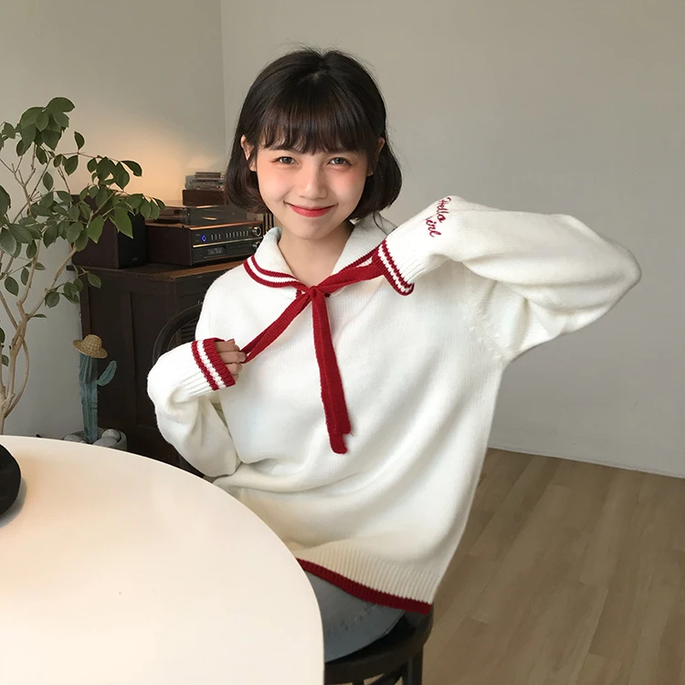 Осень 2019 зима свитеры для женщин harajuku корейской моды личности милый галстук лук