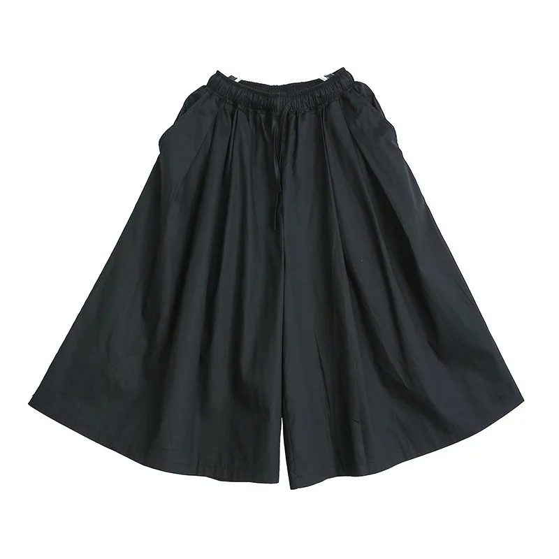 

Johnature Solid Colour Elastic Waist Wide Leg Pants 2021 Summer Fashion New Loose Simple Calf-length Pants Leisure Women Pants