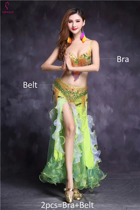 Green 2pcs New Design Bellydance Costume For Women Belly Dancing Clothes Belly dance Skirt Oriental Bollywood Bra Belt Dress Set Adult - Цвет: Green 2pcs