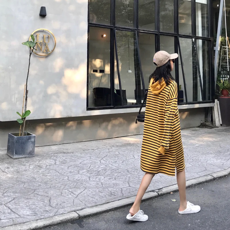 women clothes 2018 new arrival autumn korean fashion student long sleeve stripe hooded casual cotton ladies sweater dresses | Женская