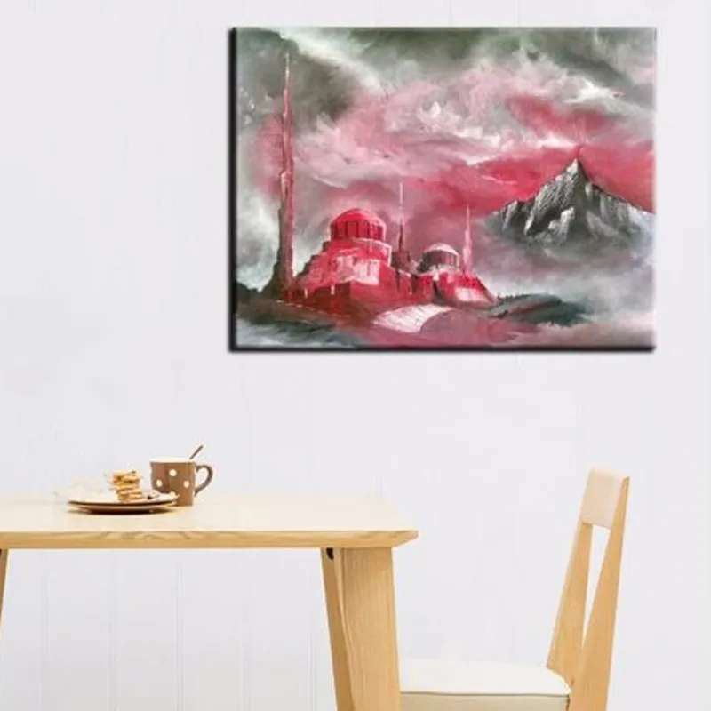 Modern Home Decor Wall Art Pictures Hand Painted Abstract Landscape Oil Paintings Large Pink Castle Scenery Canvas Painting Gift | Дом и сад