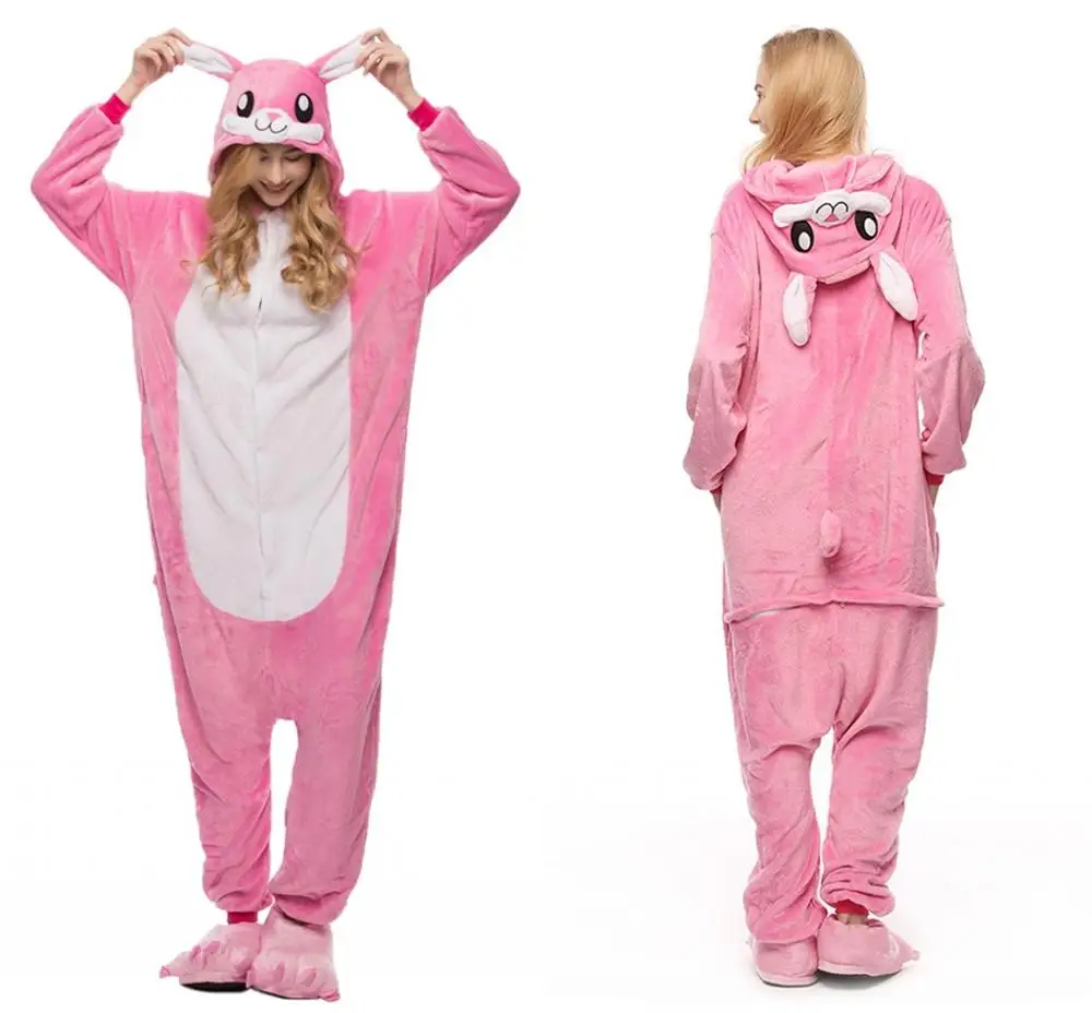 MC1802 Pink Rabbit Осень, унисекс, пижамы с животными для взрослых, аниме, комбинезон, Ститч, единорог, панда, медведь, фланелевая, милая, теплая, косплей, одежда для сна - Цвет: MC1802 Pink Rabbit