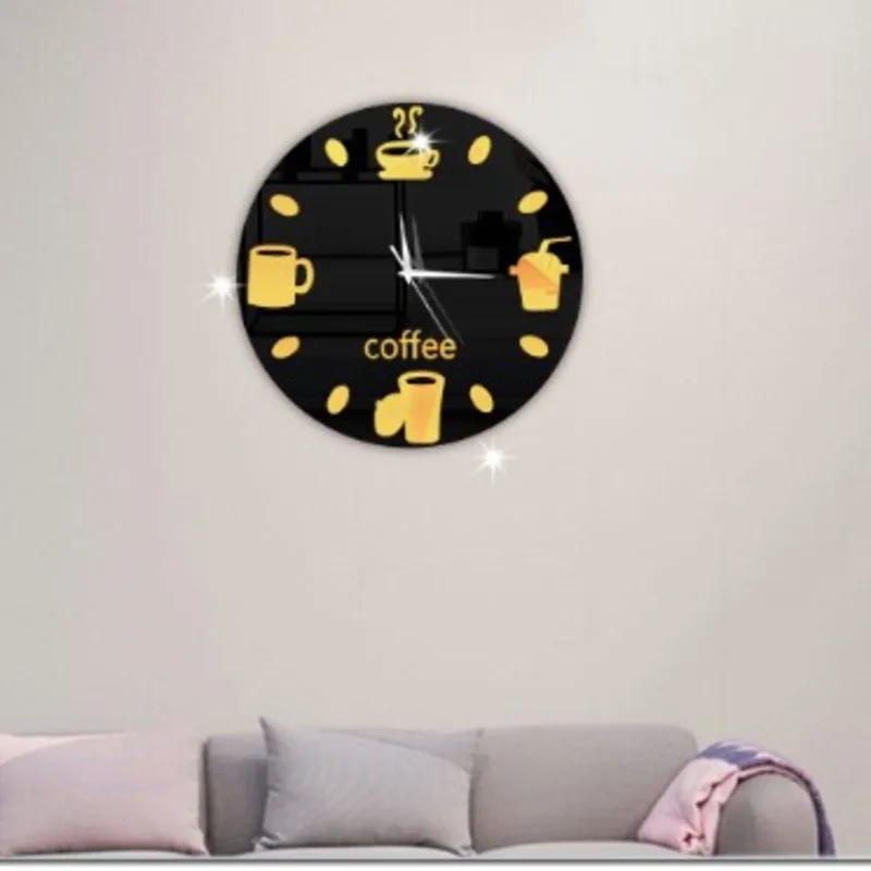 Зеркальные настенные часы 3D Coffee Cup Tableware размером 12 дюймов без звука для кухни, офиса и гостиной декор.