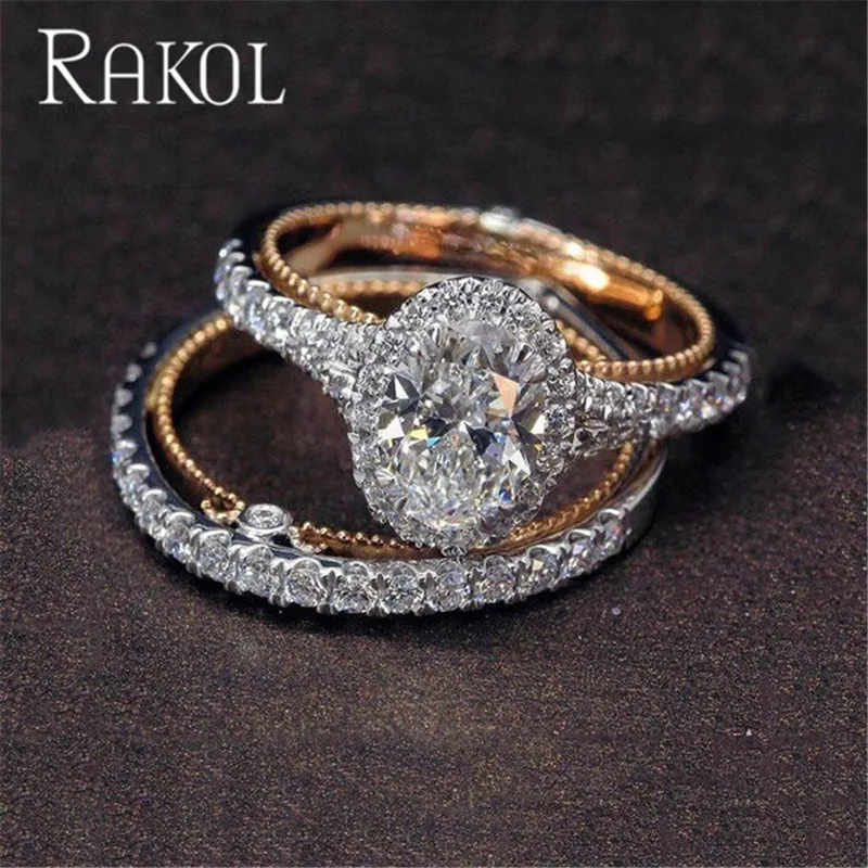 Классические двухслойные кольца RAKOL Круглый фианит белого цвета модные женские