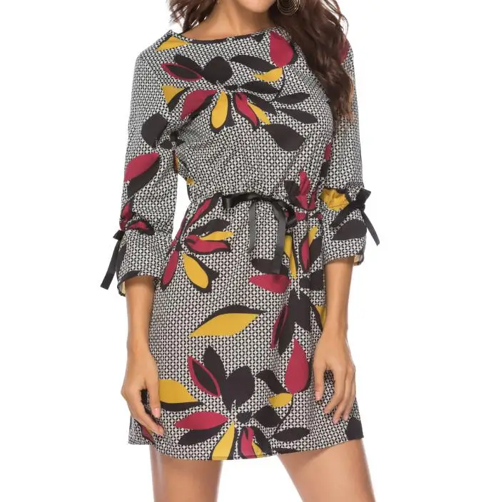 AVODOVAMA M New Spring Summer Long Sleeve Women Dress Fashion Casual O-Neck Sashes Print Straight Mini Dresses | Женская одежда