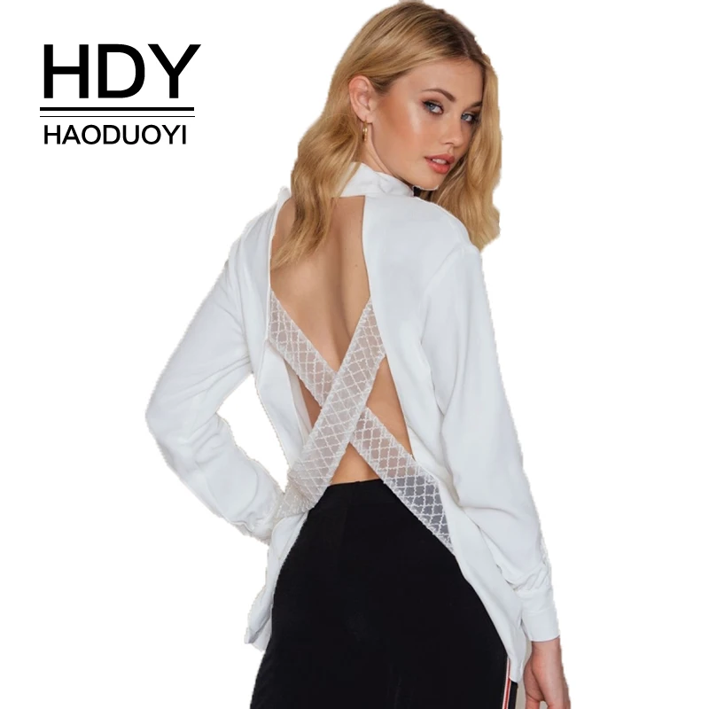 HDY Haoduoyi Sexy Lace Hollow Out Cross Back Shirts Women Deep V neck Long Sleeve Backless Solid White Female Buttons Blouses|button blouse|shirt