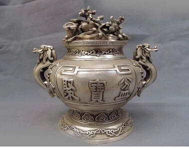 

Украшения Тибет медь серебро Китайский Народная Белый Медь Серебро Лаки Два Дракона Бог богатства Сокровищ чаша