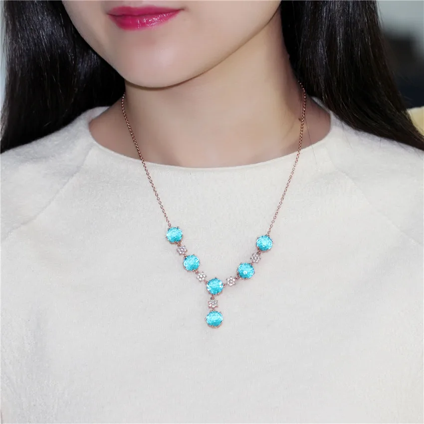 Gemlove синий корунд 925 стерлингов Серебряные ожерелья и Подвески розового золота
