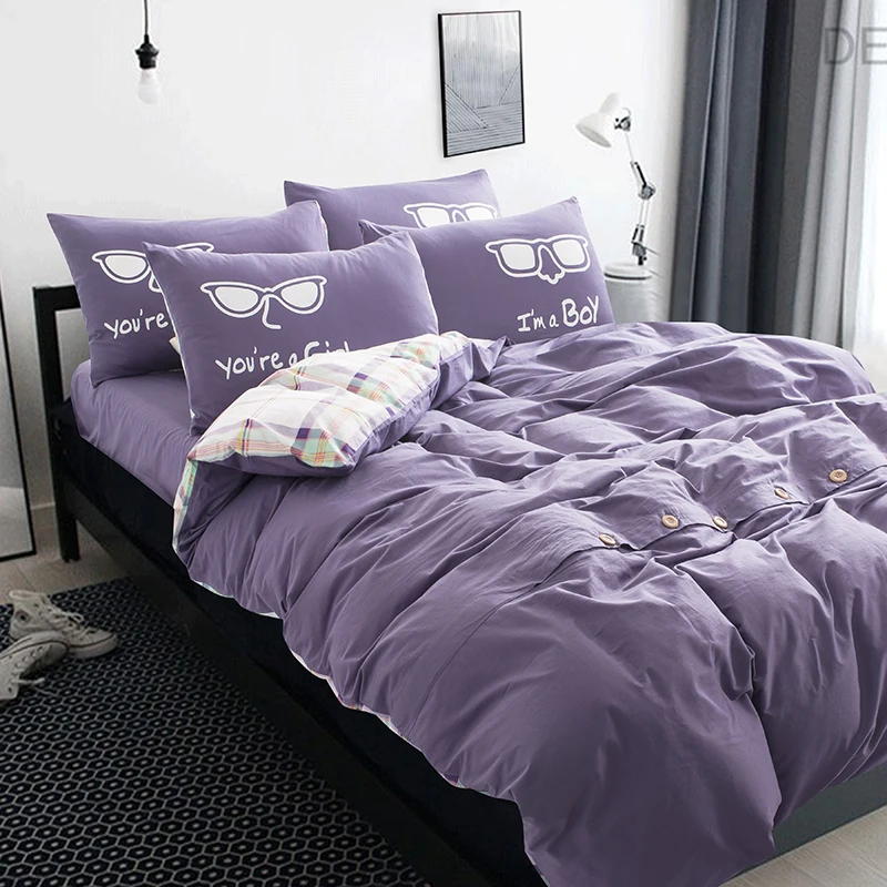 

Home Textile Black Blue Bedding Set Solid Color 4pcs Bedding Sets 100%Cotton With Decorative Button Twin Full King Size