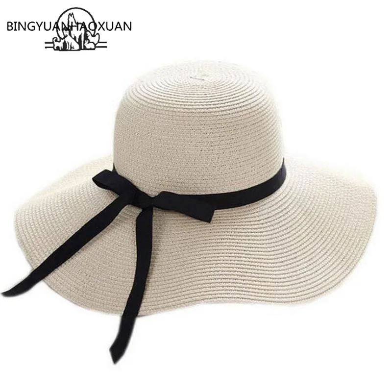 

BINGYUANHAOXUAN, летние Шапки для Для женщин Chapeau Femme шляпа от солнца пляжная шляпа соломенная шляпа Панама Ширина, бант из ленты, черный с козырьком ...