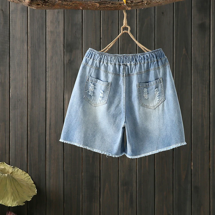 Вышитые эластичный пояс промывают с джинсы шипами шорты женские|Брюки| |