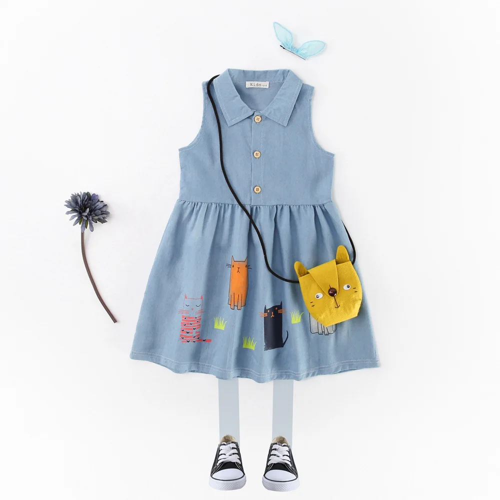 Платье для девочек платье А-силуэта маленьких с принтом кота из мультфильма