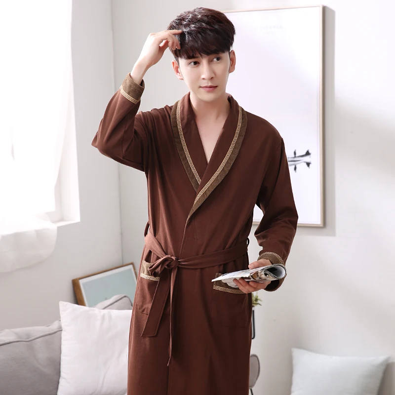 Мужской хлопковый Халат с v образным вырезом коричневый длинный халат длинным