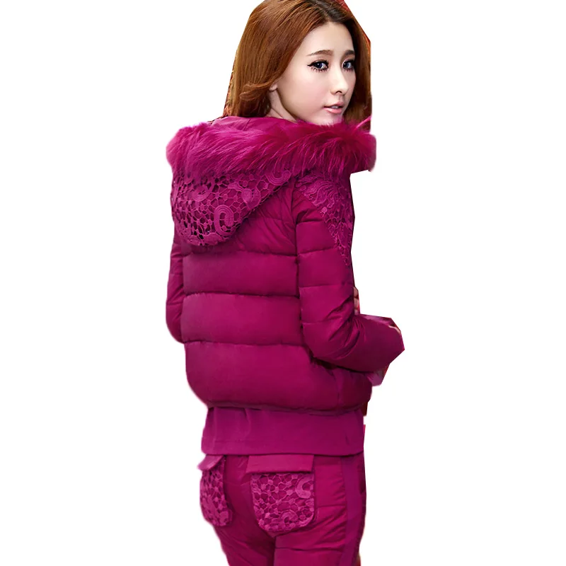 Женский хлопковый пуховик с капюшоном куртка + жилет брюки зимний меховым