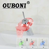 OUBONI Glass Square LED Bathroom Basin sink Faucet waterfall bathroom vanity Mixer Tap Chrome Bathroom Faucets,Mixers & Taps