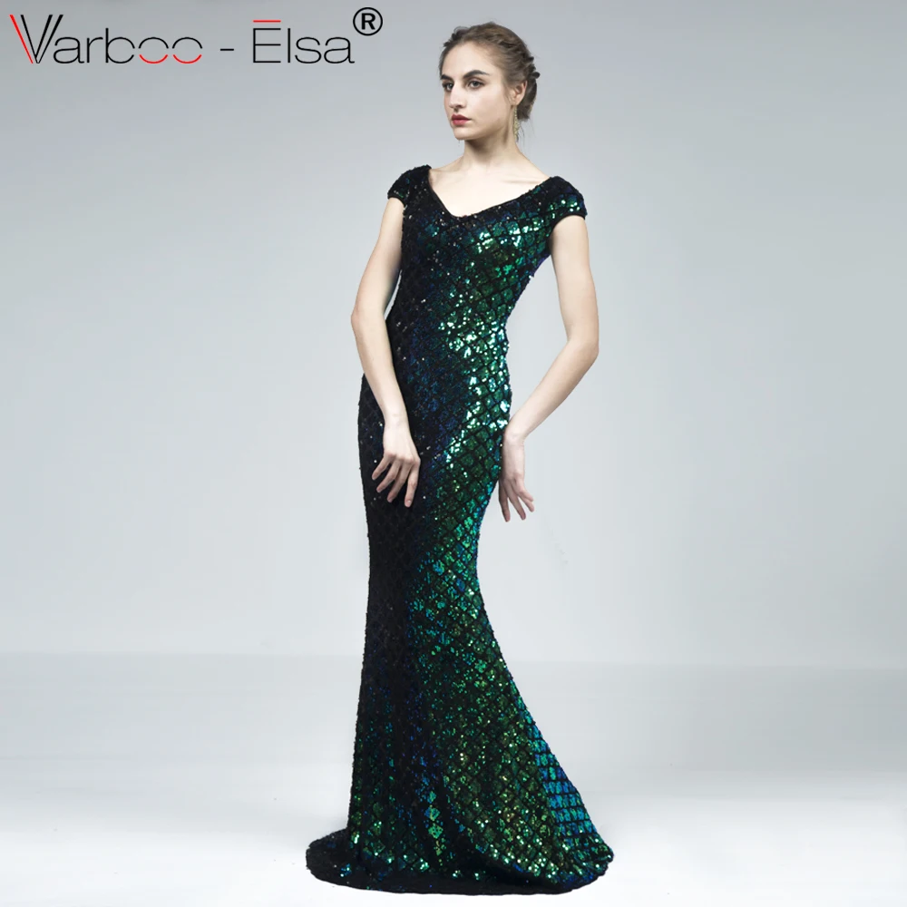 VARBOO_ELSA зеленое блестящее вечернее платье с v-образным вырезом 2018 Дешевое расшитое