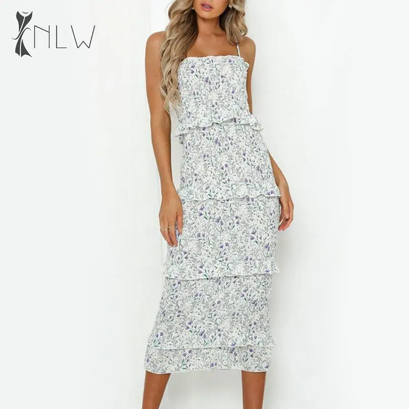 NLW Bodycon Ruffle летние миди платья элегантные Boho Платья с цветочным принтом женские 2019