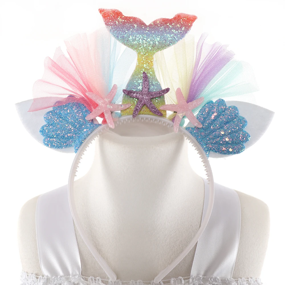 Girls Mermaid Flowers Tutu Dress With Headband Cotton Lining Matching Hair Hoop Set for Kids Birthday Theme Party | Тематическая